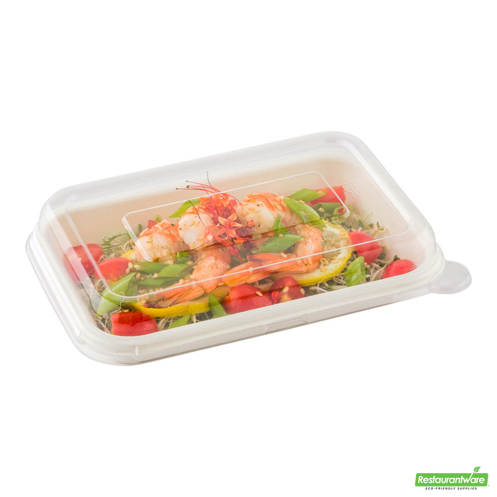 Wholesale Restaurantware Pulp Tek Rectangle Clear Plastic Dome Lid - Fits 12 and 16 Oz Bagasse Container- Bulk