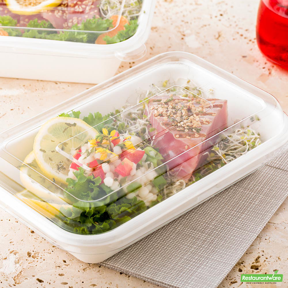 Wholesale Restaurantware Pulp Tek Rectangle Clear Plastic Dome Lid - Fits 24 and 32 Oz Bagasse Container- Bulk