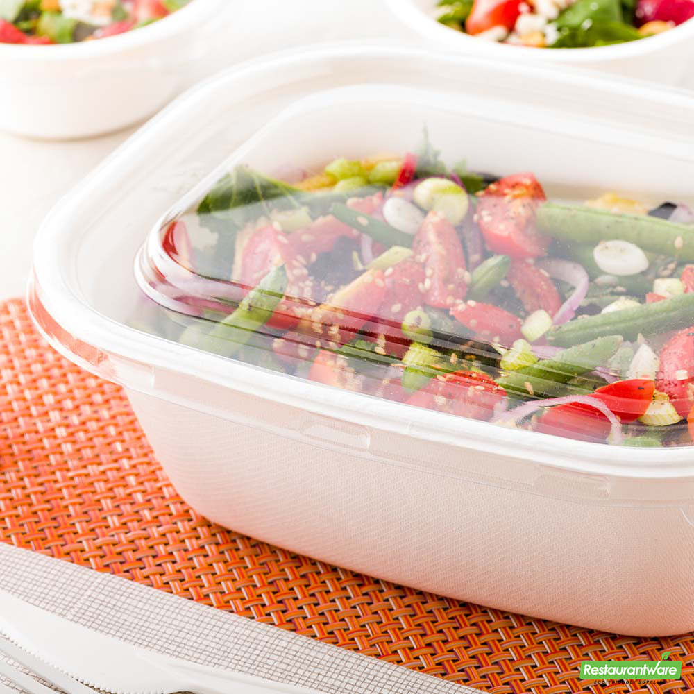 Wholesale Restaurantware Pulp Tek Rectangle Clear Plastic Flat Lid - Fits 48 and 60 oz Bagasse Container- Bulk