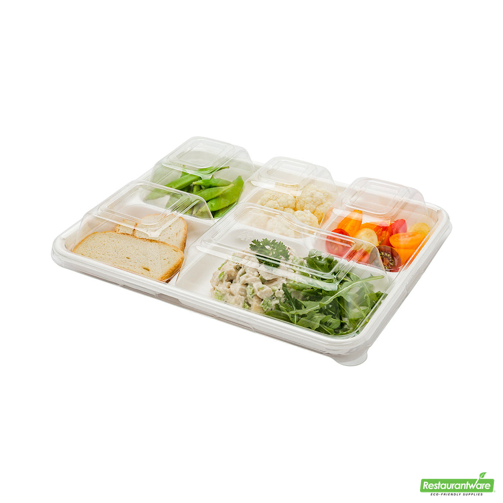 Wholesale Restaurantware Pulp Safe Rectangle Clear Plastic Dome Lid - Fits Bagasse 5-Compartment Food Tray- Bulk