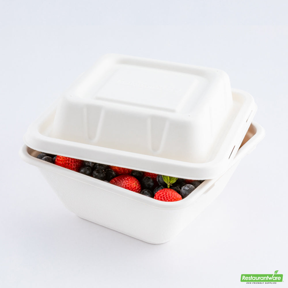 Wholesale Restaurantware Pulp Safe No PFAS Added Square White Sugarcane / Bagasse Serving Bowl Lid - Home Compostable, Fits 80 oz- Bulk