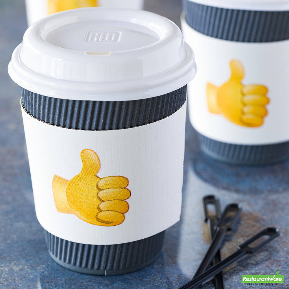 Wholesale Restaurantware Restpresso White Paper Thumbs Up Emoji Coffee Cup Sleeve - Fits 12 / 16 / 20 oz Cups- Bulk