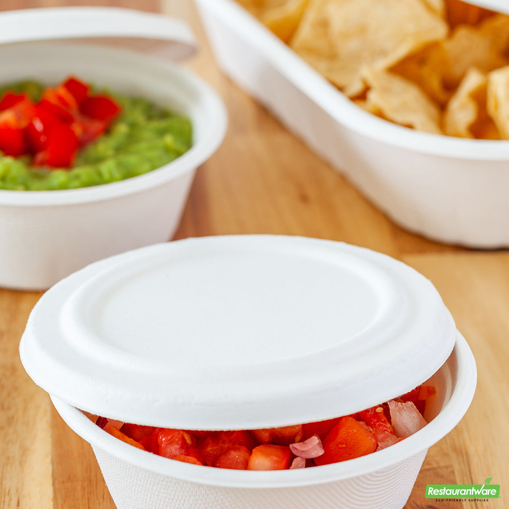 Wholesale Restaurantware Pulp Tek Round White Sugarcane / Bagasse Flat Lid - Fits 9 oz Take Out Bowl- Bulk