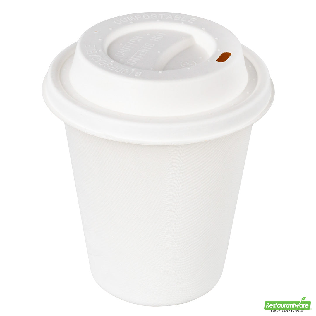Wholesale Restaurantware Restpresso White Sugarcane / Bagasse Coffee Cup Lid - Fits 8, 12, 16 and 20 oz, Compostable- Bulk