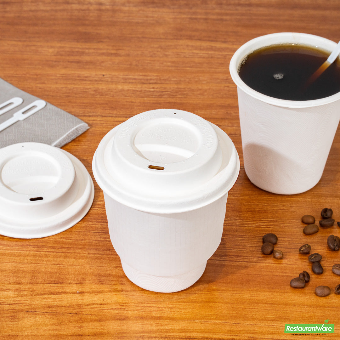 Wholesale Restaurantware Restpresso White Sugarcane / Bagasse Coffee Cup Lid - Fits 8, 12, 16 and 20 oz, Compostable- Bulk