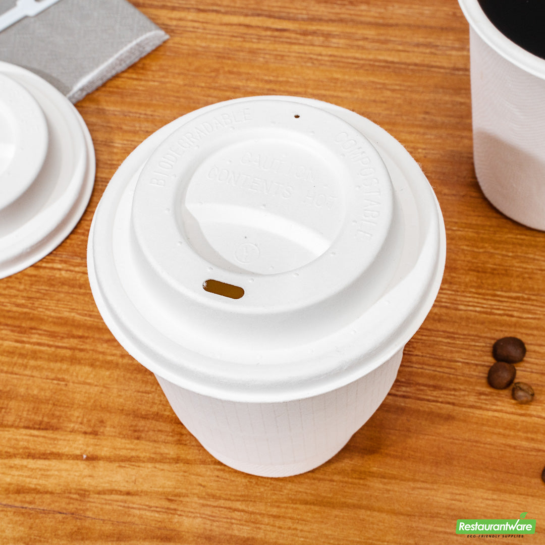 Wholesale Restaurantware Restpresso White Sugarcane / Bagasse Coffee Cup Lid - Fits 8, 12, 16 and 20 oz, Compostable- Bulk