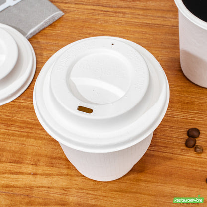 Wholesale Restaurantware Restpresso White Sugarcane / Bagasse Coffee Cup Lid - Fits 8, 12, 16 and 20 oz, Compostable- Bulk