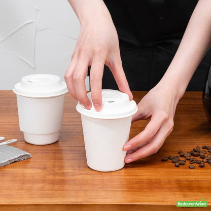 Wholesale Restaurantware Restpresso White Sugarcane / Bagasse Coffee Cup Lid - Fits 8, 12, 16 and 20 oz, Compostable- Bulk