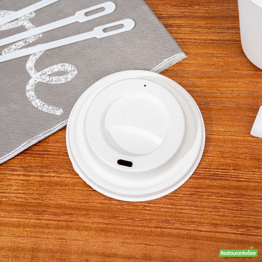Wholesale Restaurantware Restpresso White Sugarcane / Bagasse Coffee Cup Lid - Fits 8, 12, 16 and 20 oz, Compostable- Bulk