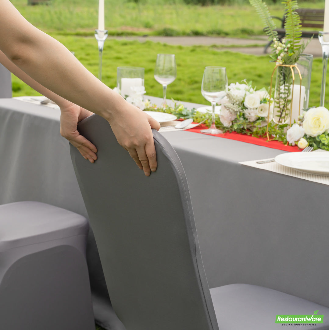 Wholesale Restaurantware Table Tek Gray Spandex Banquet Chair Cover - Universal, Stretch- Bulk