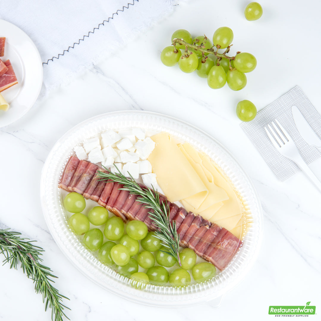 Wholesale Restaurantware Pulp Safe Oval Clear Plastic Ripple Dome Lid - Fits Sugarcane / Bagasse Large Plate- Bulk