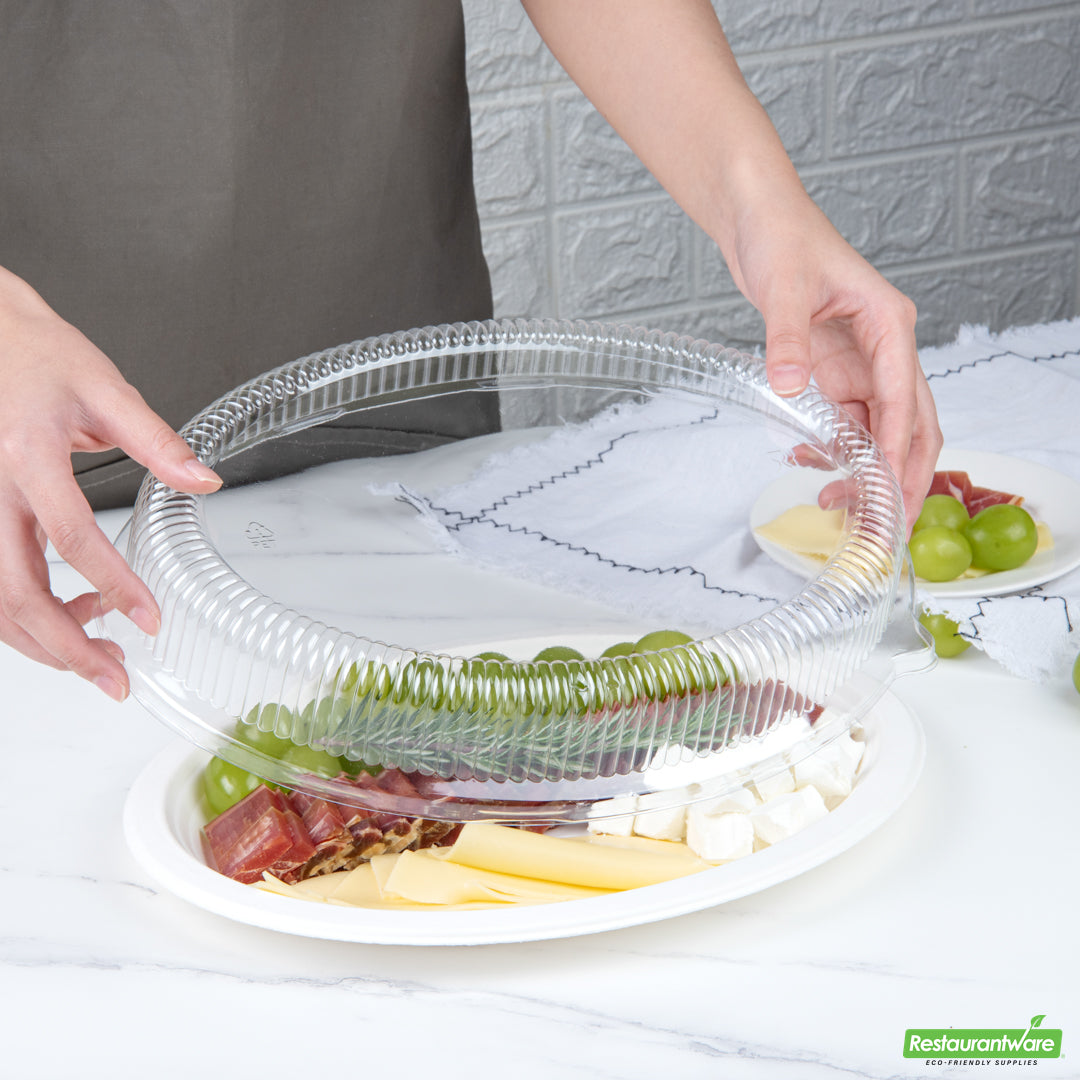 Wholesale Restaurantware Pulp Safe Oval Clear Plastic Ripple Dome Lid - Fits Sugarcane / Bagasse Large Plate- Bulk