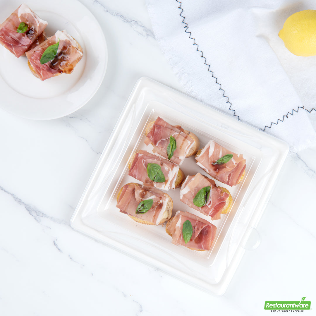 Wholesale Restaurantware Pulp Safe Square Clear Plastic Dome Lid - Fits Sugarcane / Bagasse Medium Plate- Bulk