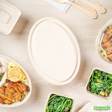 Wholesale Restaurantware Pulp Tek Oval Natural Sugarcane / Bagasse Lid - Fits 2-Compartment Catering Bowl- Bulk