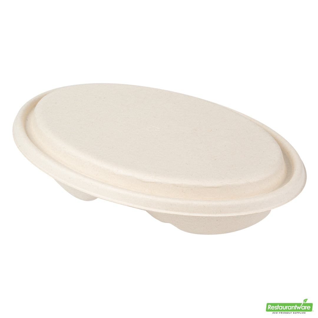 Wholesale Restaurantware Pulp Tek Oval Natural Sugarcane / Bagasse Lid - Fits 2-Compartment Catering Bowl- Bulk