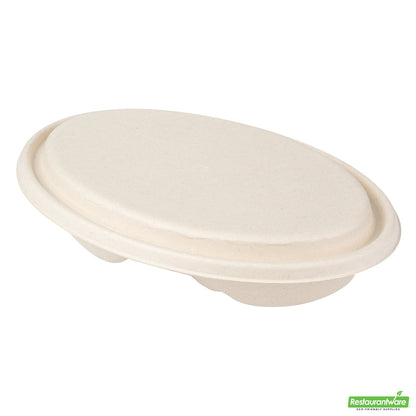 Wholesale Restaurantware Pulp Tek Oval Natural Sugarcane / Bagasse Lid - Fits 2-Compartment Catering Bowl- Bulk