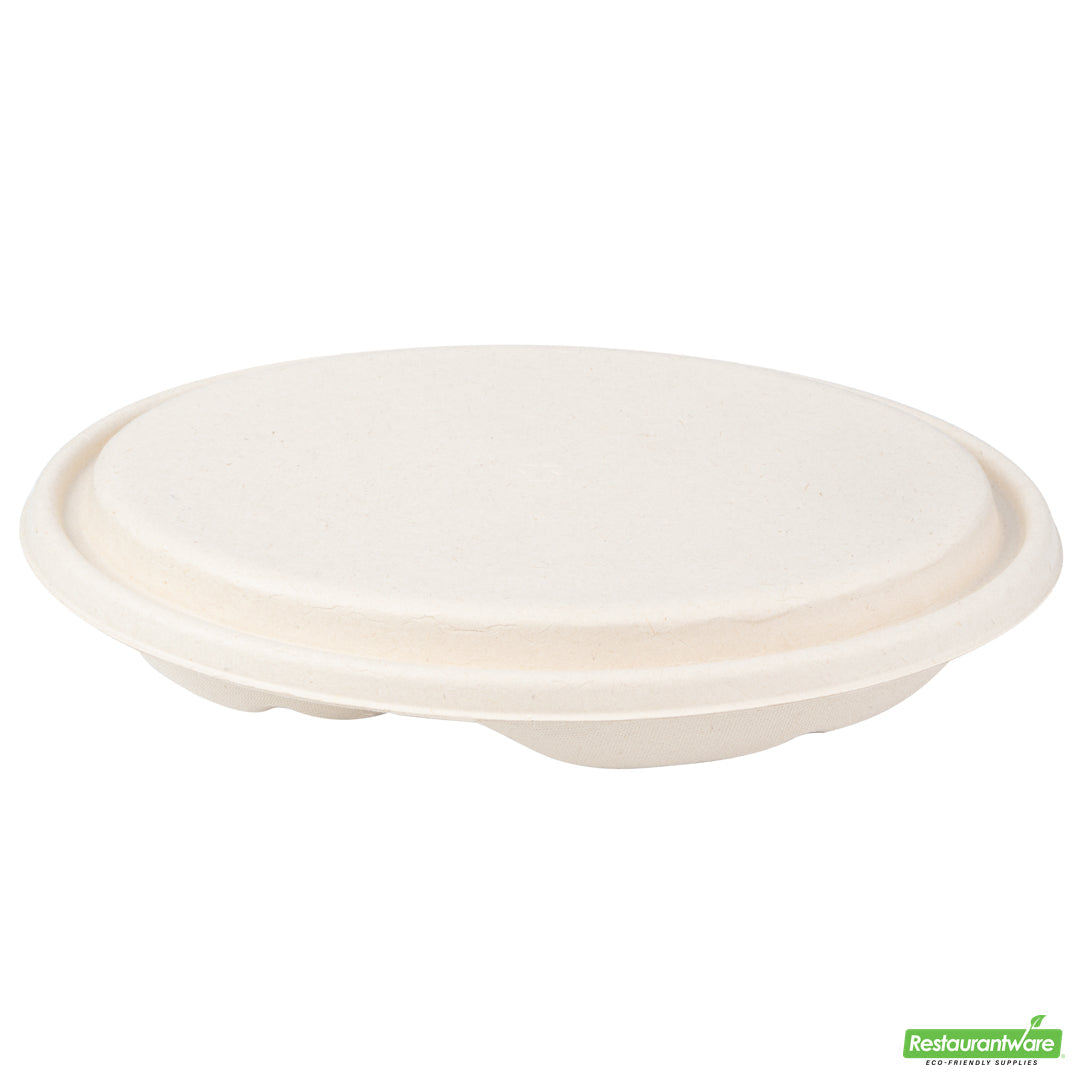 Wholesale Restaurantware Pulp Tek Oval Natural Sugarcane / Bagasse Lid - Fits 2-Compartment Catering Bowl- Bulk