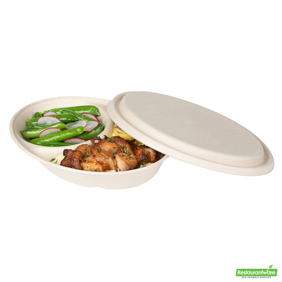 Wholesale Restaurantware Pulp Tek Oval Natural Sugarcane / Bagasse Lid - Fits 2-Compartment Catering Bowl- Bulk