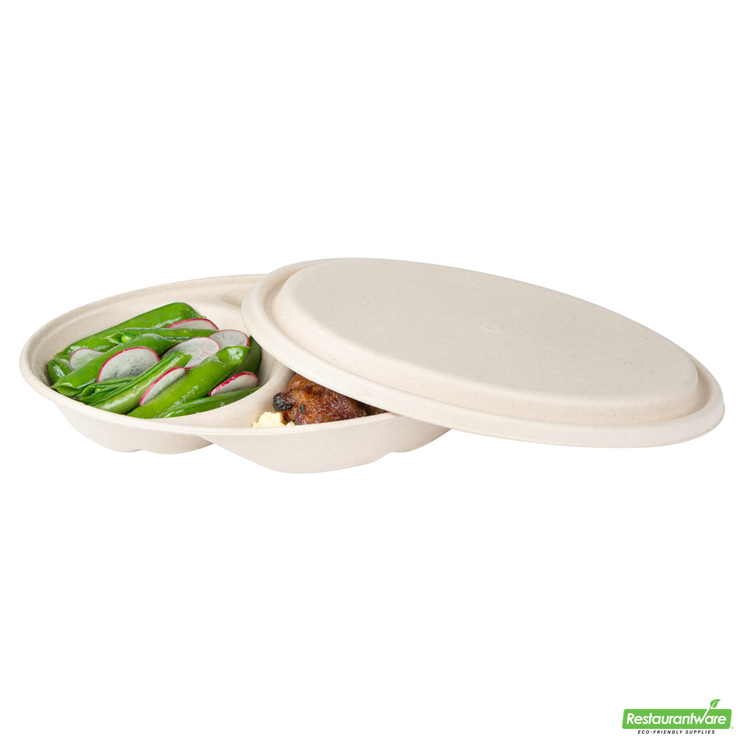 Wholesale Restaurantware Pulp Tek Oval Natural Sugarcane / Bagasse Lid - Fits 2-Compartment Catering Bowl- Bulk