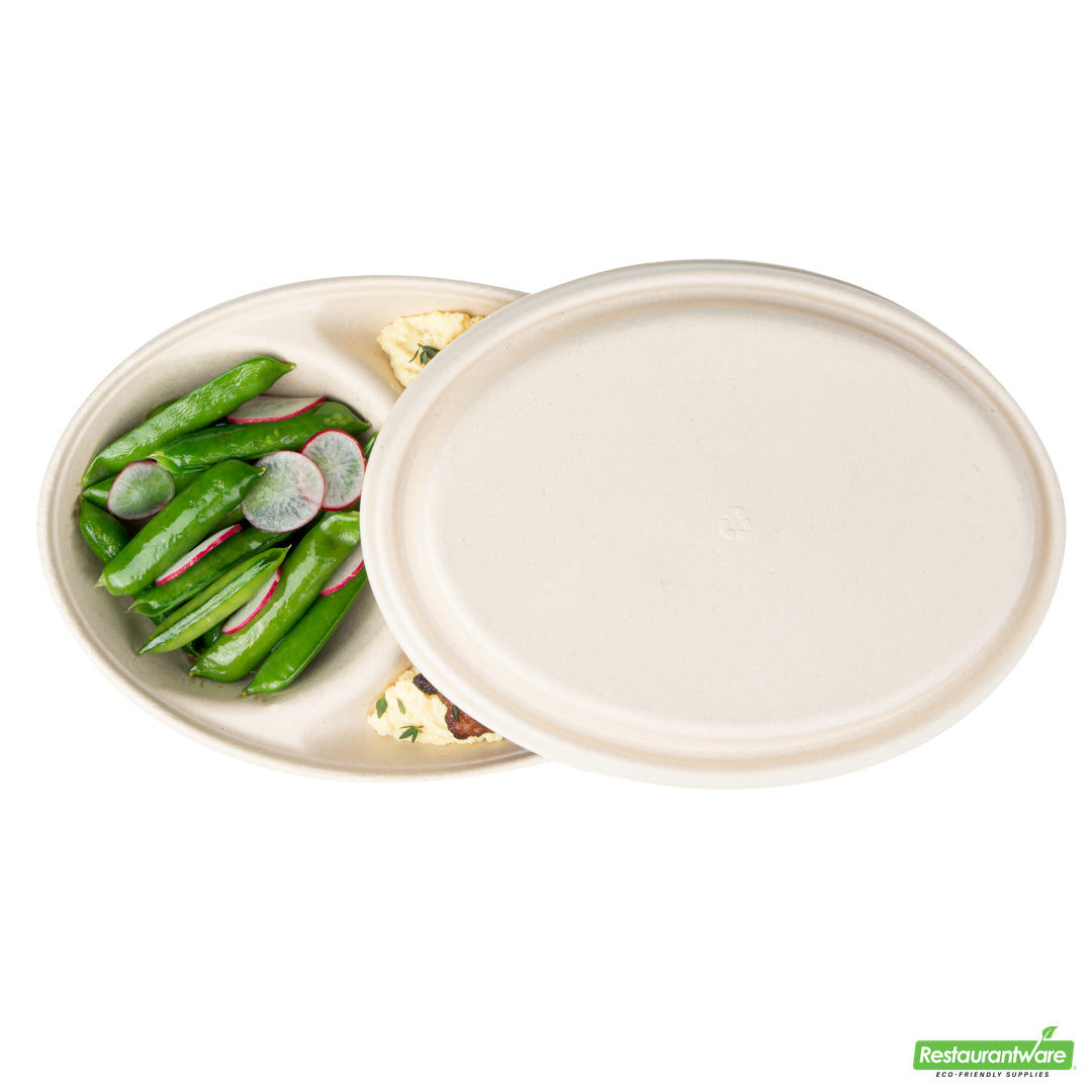 Wholesale Restaurantware Pulp Tek Oval Natural Sugarcane / Bagasse Lid - Fits 2-Compartment Catering Bowl- Bulk