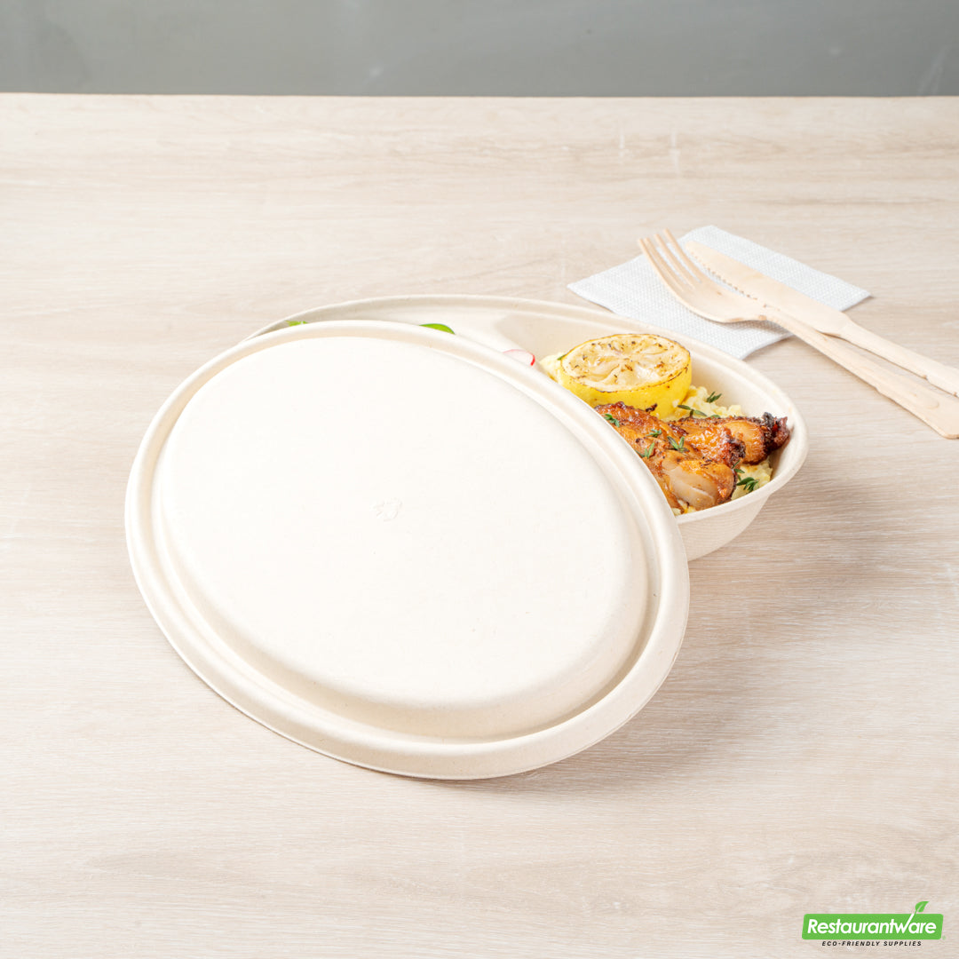 Wholesale Restaurantware Pulp Tek Oval Natural Sugarcane / Bagasse Lid - Fits 2-Compartment Catering Bowl- Bulk