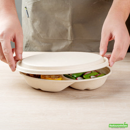Wholesale Restaurantware Pulp Tek Oval Natural Sugarcane / Bagasse Lid - Fits 2-Compartment Catering Bowl- Bulk