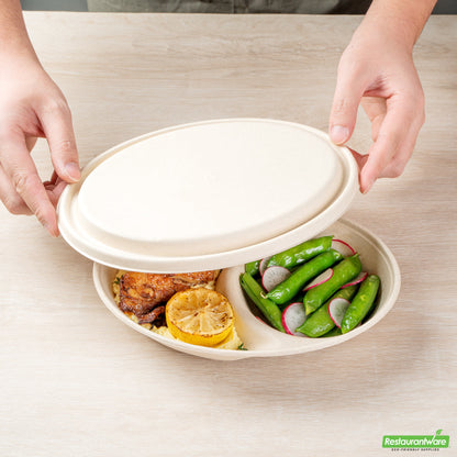 Wholesale Restaurantware Pulp Tek Oval Natural Sugarcane / Bagasse Lid - Fits 2-Compartment Catering Bowl- Bulk