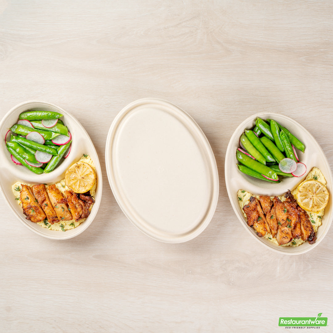 Wholesale Restaurantware Pulp Tek Oval Natural Sugarcane / Bagasse Lid - Fits 2-Compartment Catering Bowl- Bulk
