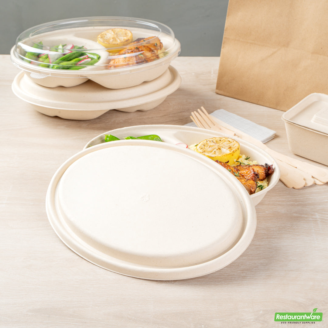 Wholesale Restaurantware Pulp Tek Oval Natural Sugarcane / Bagasse Lid - Fits 2-Compartment Catering Bowl- Bulk