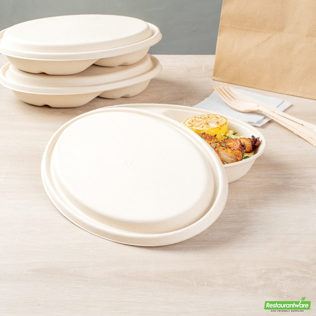 Wholesale Restaurantware Pulp Tek Oval Natural Sugarcane / Bagasse Lid - Fits 2-Compartment Catering Bowl- Bulk