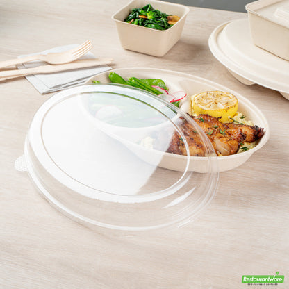 Wholesale Restaurantware Pulp Tek Oval Clear Plastic Lid - Fits 2-Compartment Bagasse Catering Bowl- Bulk