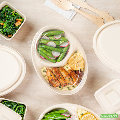 Wholesale Restaurantware Pulp Tek Oval Clear Plastic Lid - Fits 2-Compartment Bagasse Catering Bowl- Bulk