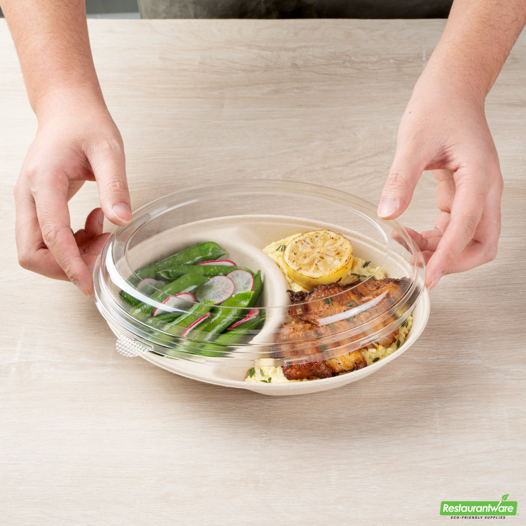 Wholesale Restaurantware Pulp Tek Oval Clear Plastic Lid - Fits 2-Compartment Bagasse Catering Bowl- Bulk