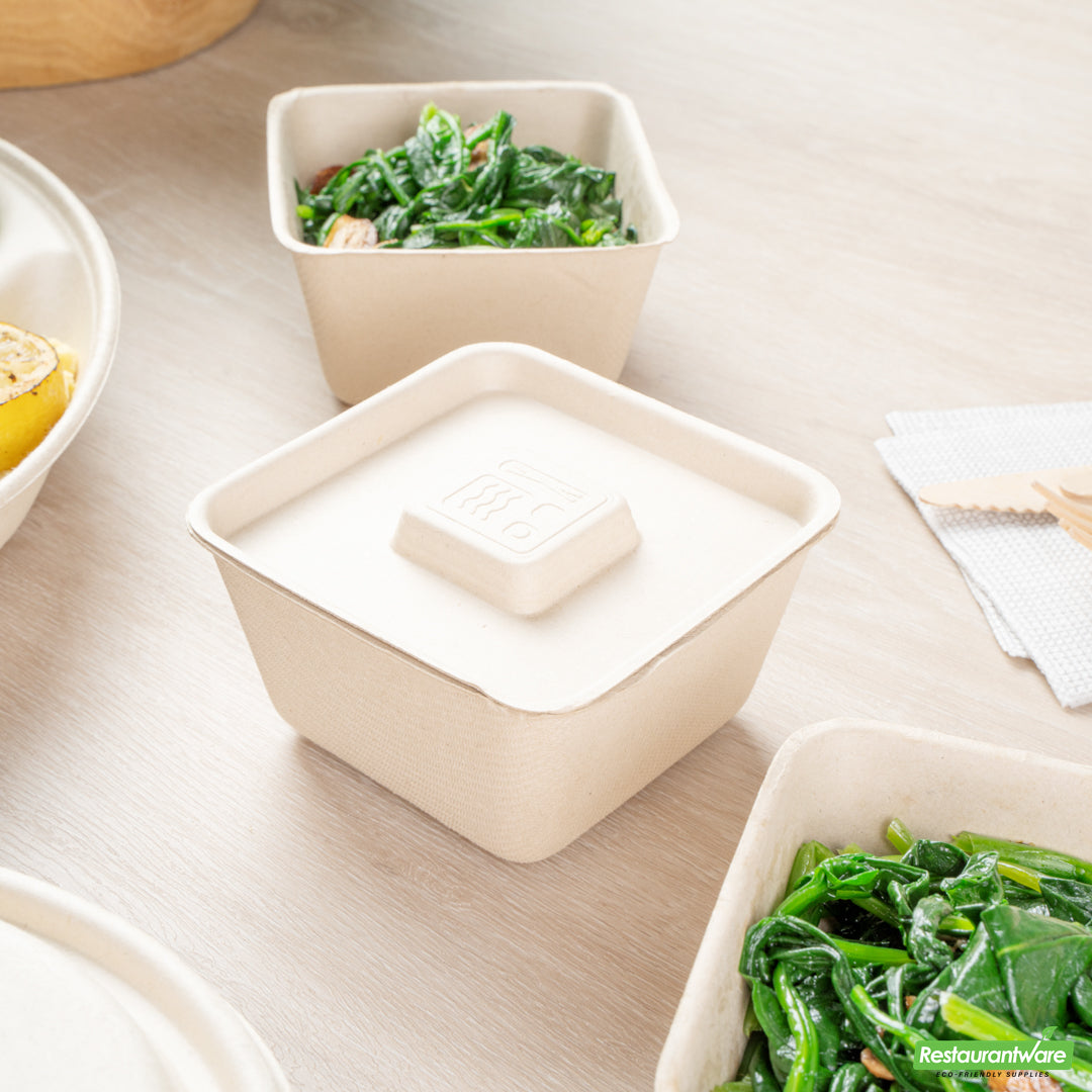 Wholesale Restaurantware Pulp Tek Square Natural Sugarcane / Bagasse Flat Lid - Fits 9 oz Bowl- Bulk