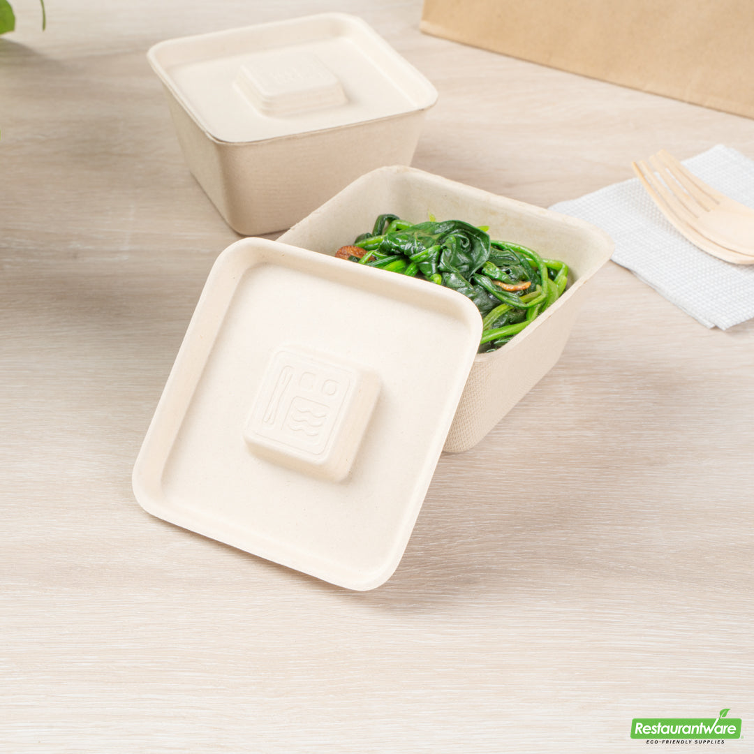 Wholesale Restaurantware Pulp Tek Square Natural Sugarcane / Bagasse Flat Lid - Fits 9 oz Bowl- Bulk