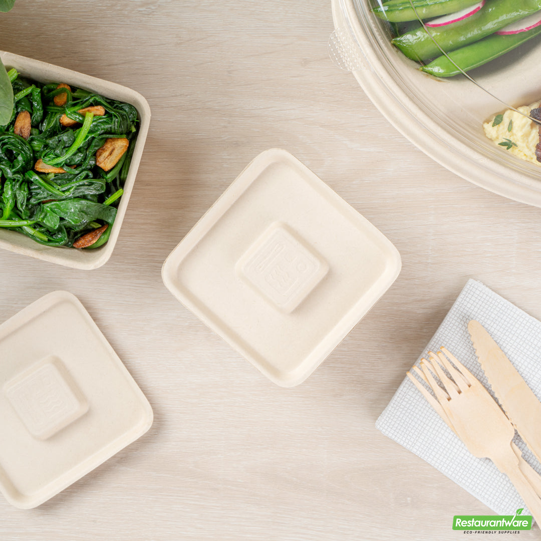 Wholesale Restaurantware Pulp Tek Square Natural Sugarcane / Bagasse Flat Lid - Fits 9 oz Bowl- Bulk