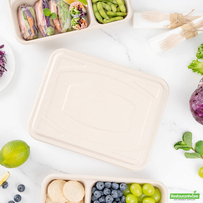 Wholesale Restaurantware Pulp Tek Rectangle Natural Bagasse Flat Lid - Fits To Go Trays- Bulk