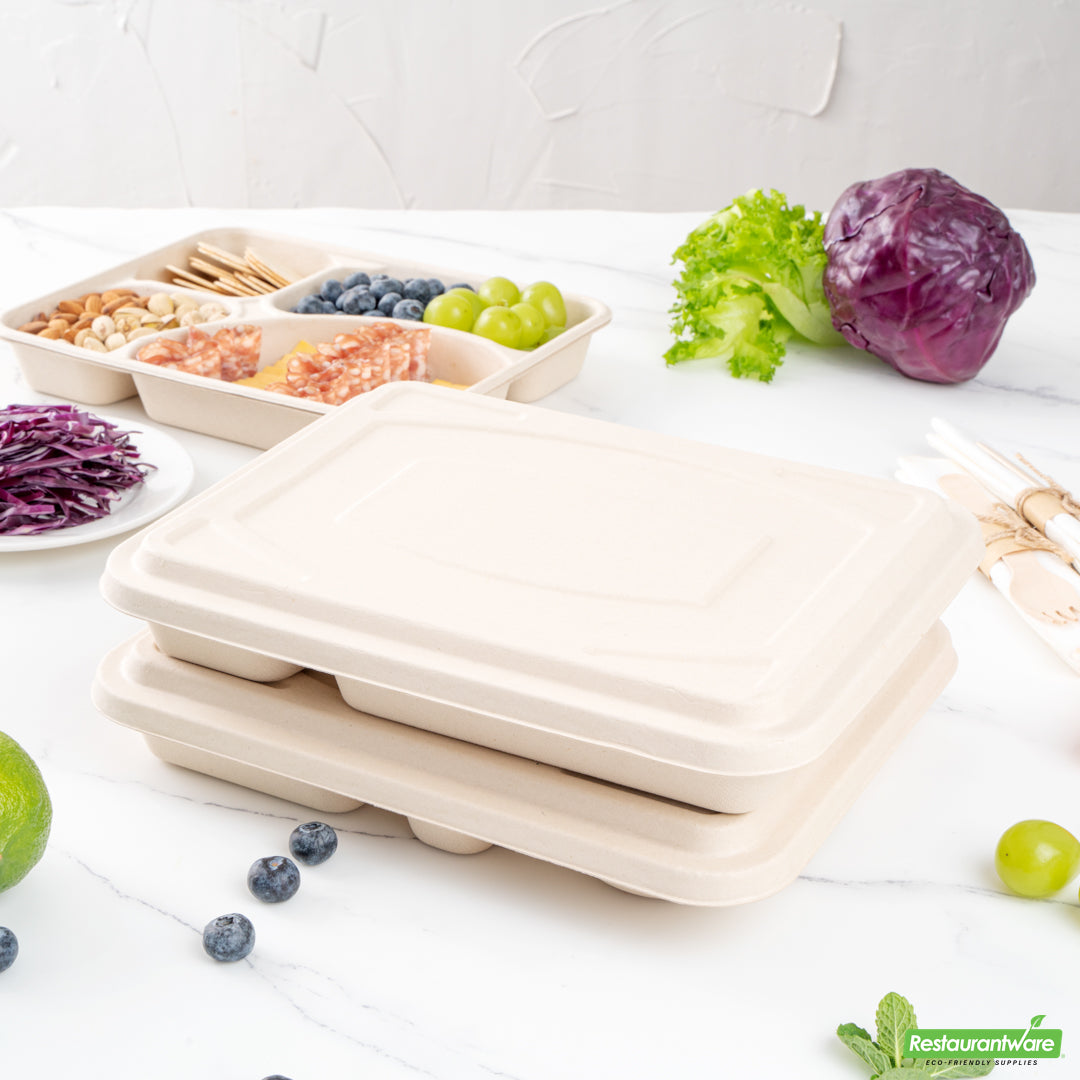 Wholesale Restaurantware Pulp Tek Rectangle Natural Bagasse Flat Lid - Fits To Go Trays- Bulk