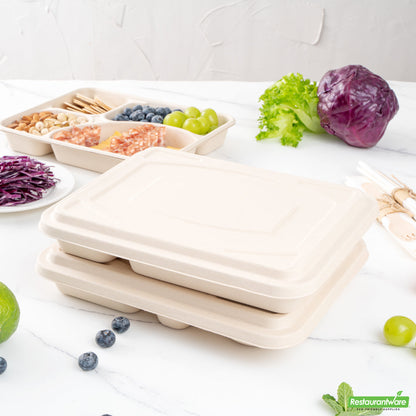 Wholesale Restaurantware Pulp Tek Rectangle Natural Bagasse Flat Lid - Fits To Go Trays- Bulk
