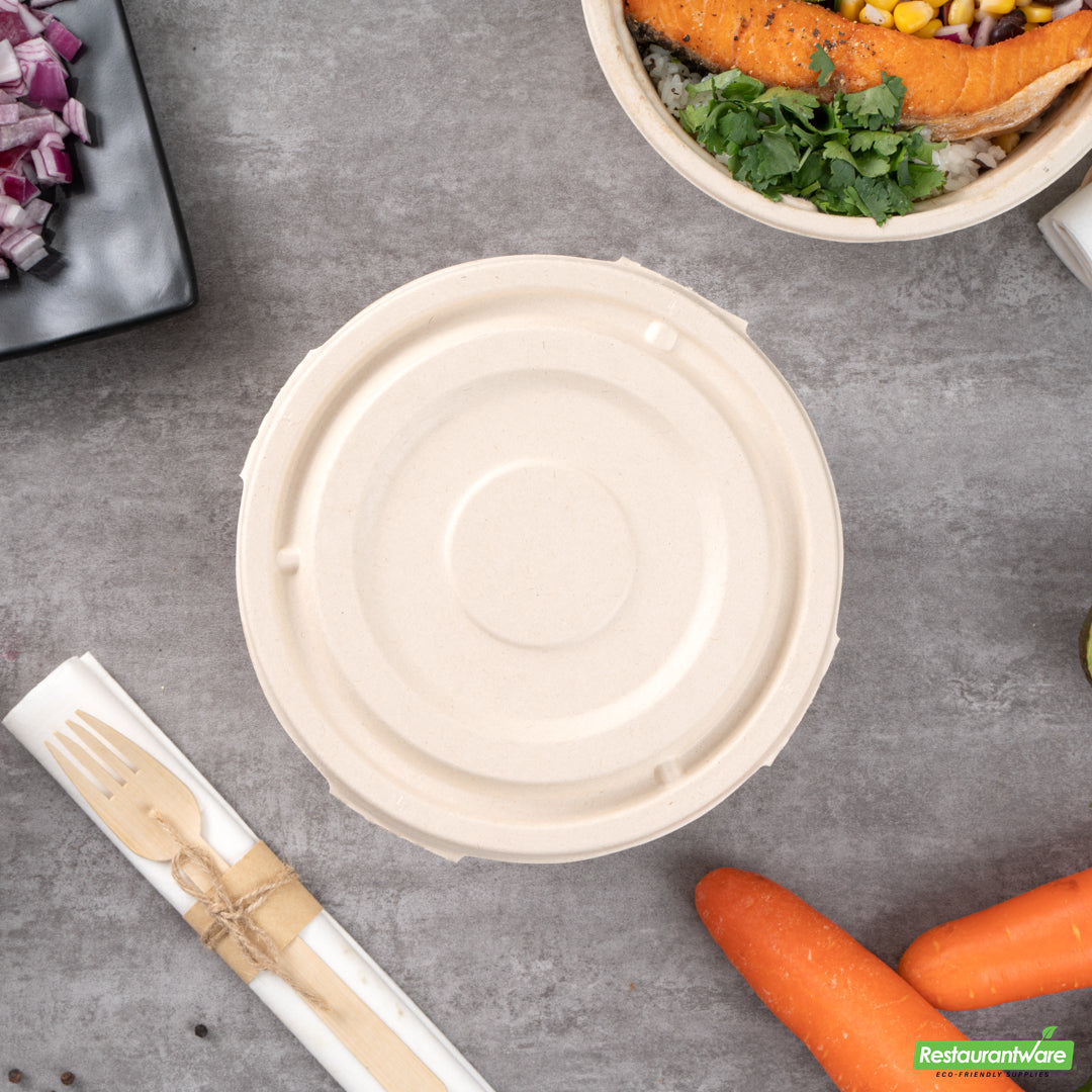 Wholesale Restaurantware Pulp Tek Round Natural Sugarcane / Bagasse Flat Lid - Fits To Go Bowl- Bulk