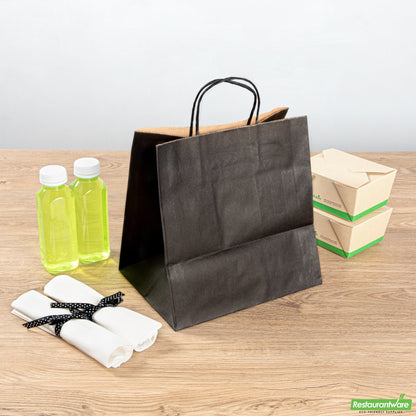 Wholesale Restaurantware Saving Nature Black Paper Retail Bag - with Handles - 10 1/4" X 7 3/4" X 10 1/2" - 100 Count Box- Bulk