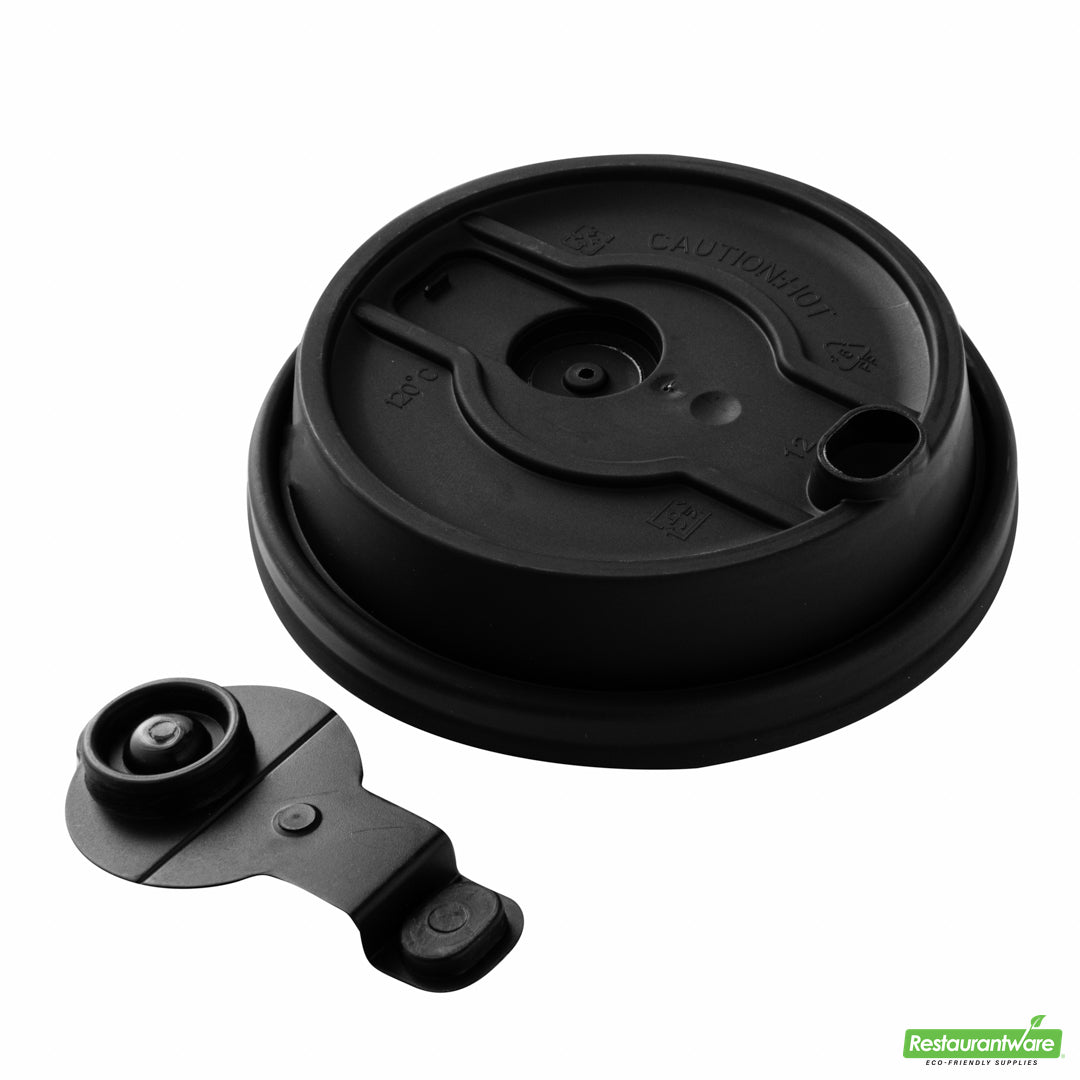 Wholesale Restaurantware Restpresso Black Plastic 2-in-1 Straw or Sippy Coffee Cup Lid - with Detachable Double Plug, Fits 8, 12, 16 and 20 oz- Bulk