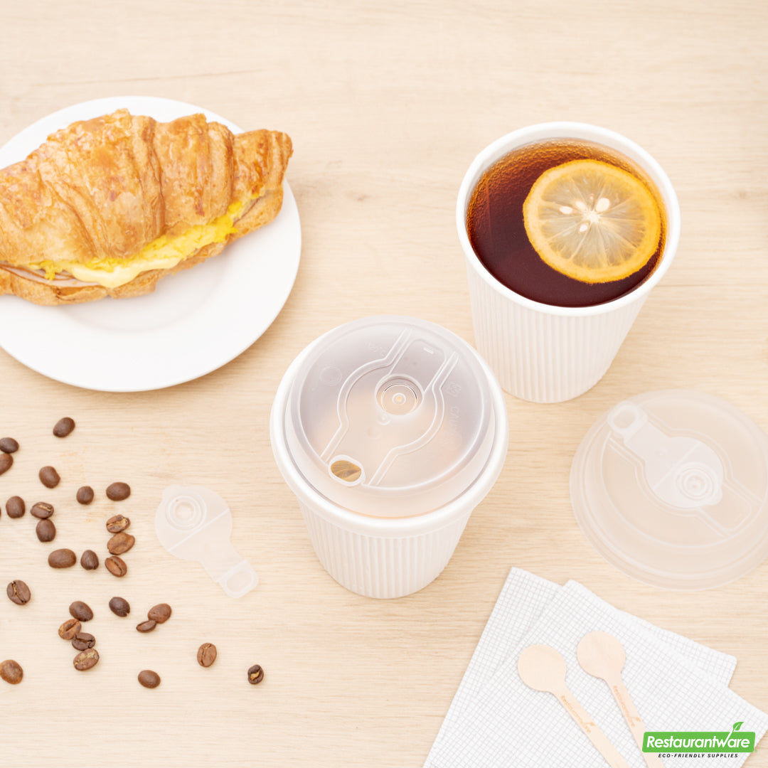 Wholesale Restaurantware Restpresso Clear Plastic 2-in-1 Straw or Sippy Coffee Cup Lid - with Detachable Double Plug, Fits 8, 12, 16 and 20 oz- Bulk