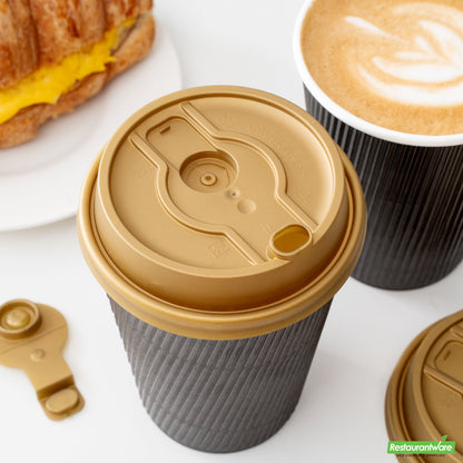 Wholesale Restaurantware Restpresso Gold Plastic 2-in-1 Straw or Sippy Coffee Cup Lid - with Detachable Double Plug, Fits 8, 12, 16 and 20 oz- Bulk