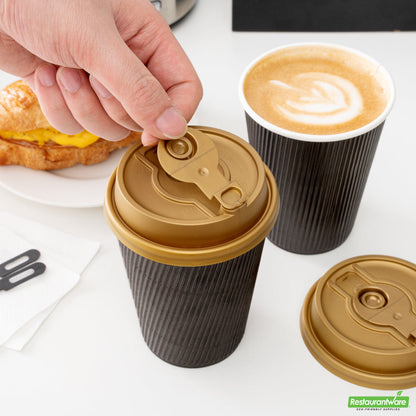 Wholesale Restaurantware Restpresso Gold Plastic 2-in-1 Straw or Sippy Coffee Cup Lid - with Detachable Double Plug, Fits 8, 12, 16 and 20 oz- Bulk