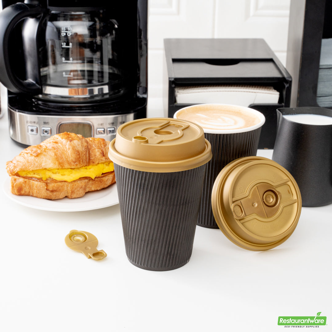 Wholesale Restaurantware Restpresso Gold Plastic 2-in-1 Straw or Sippy Coffee Cup Lid - with Detachable Double Plug, Fits 8, 12, 16 and 20 oz- Bulk