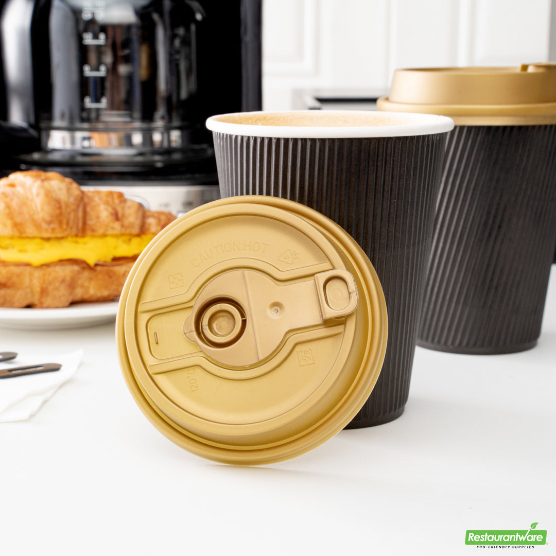 Wholesale Restaurantware Restpresso Gold Plastic 2-in-1 Straw or Sippy Coffee Cup Lid - with Detachable Double Plug, Fits 8, 12, 16 and 20 oz- Bulk