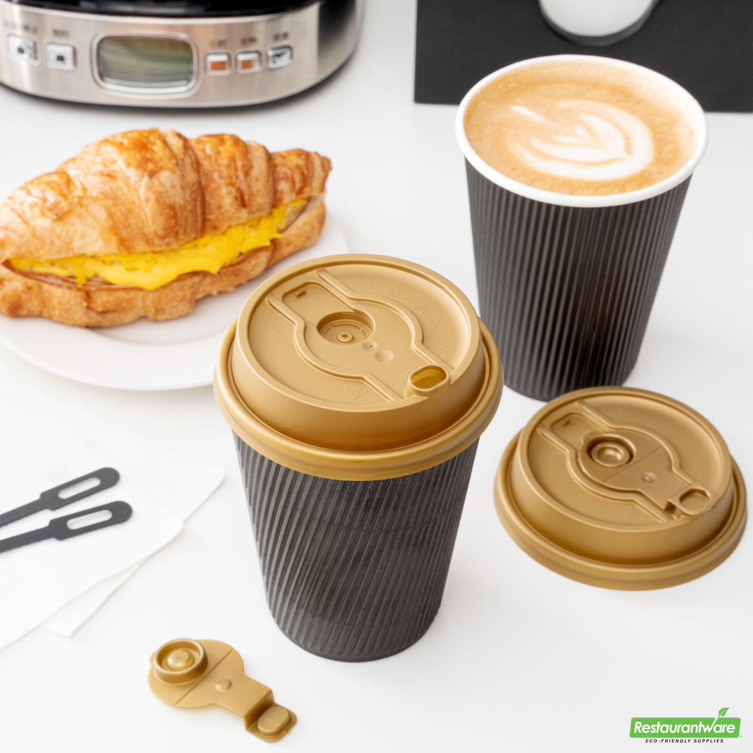 Wholesale Restaurantware Restpresso Gold Plastic 2-in-1 Straw or Sippy Coffee Cup Lid - with Detachable Double Plug, Fits 8, 12, 16 and 20 oz- Bulk