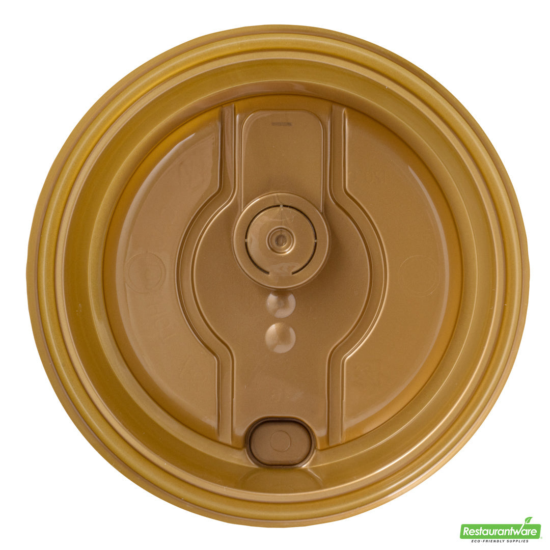 Wholesale Restaurantware Restpresso Gold Plastic 2-in-1 Straw or Sippy Coffee Cup Lid - with Detachable Double Plug, Fits 8, 12, 16 and 20 oz- Bulk