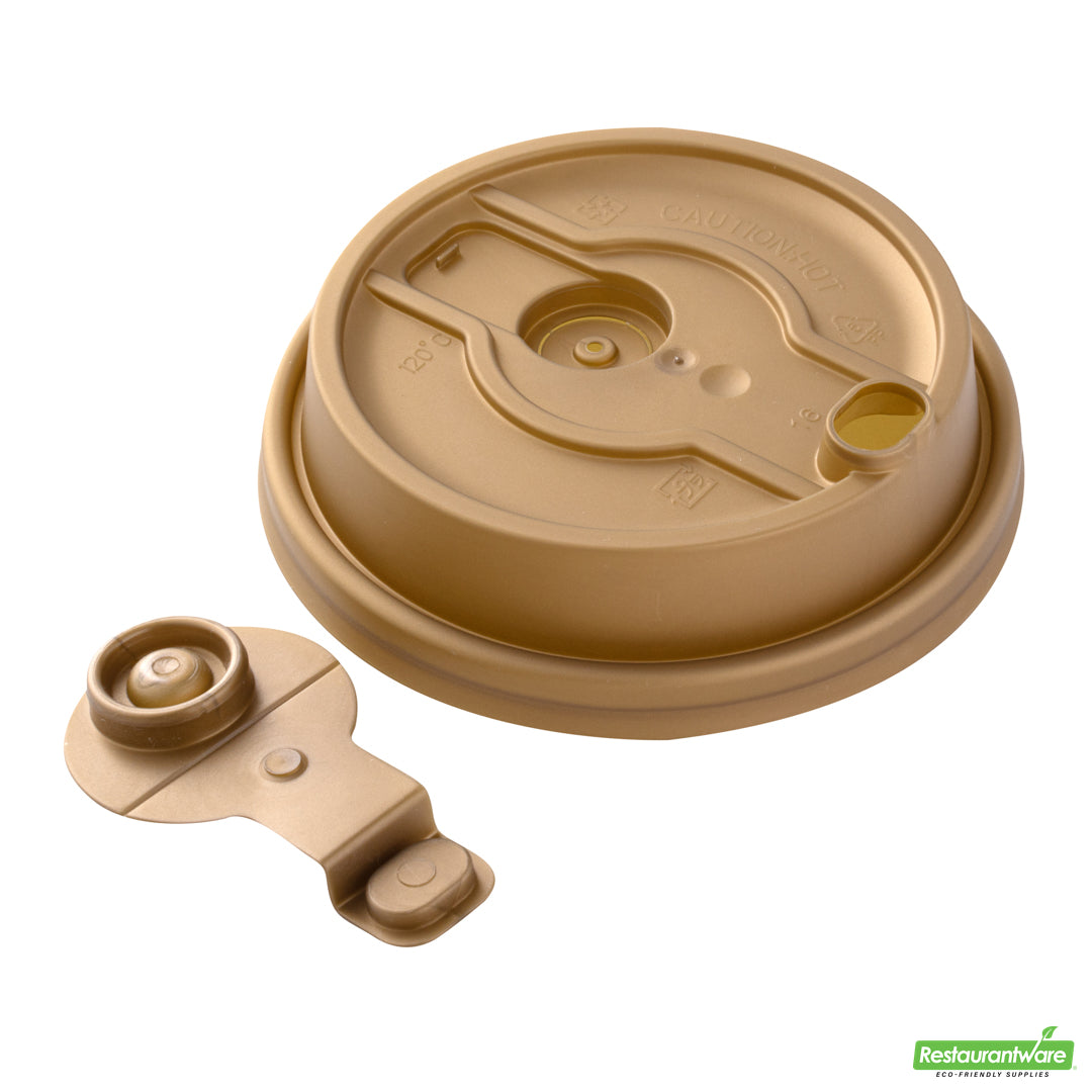 Wholesale Restaurantware Restpresso Gold Plastic 2-in-1 Straw or Sippy Coffee Cup Lid - with Detachable Double Plug, Fits 8, 12, 16 and 20 oz- Bulk